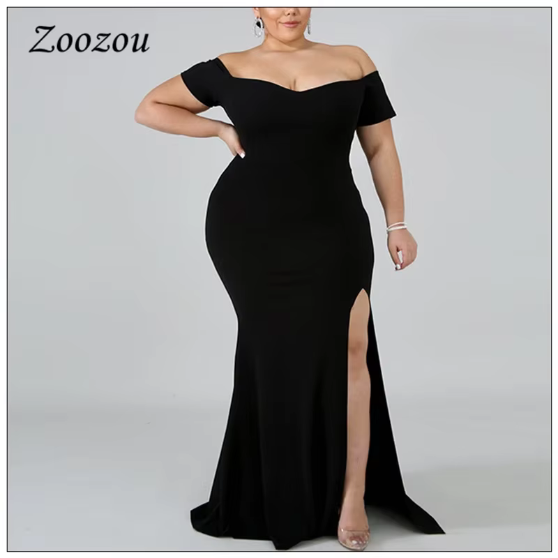 Robe de soirée Maxi noire, grande taille 4XL, élégante, épaules dénudées, manches courtes, longue, é