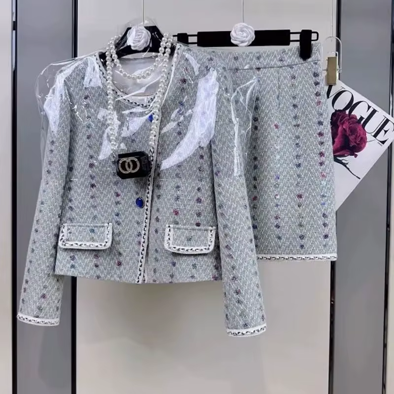 Blazer élégant en tweed imbibé pour femme, veste, manteau, haut et culottes, jupe courte, ensemble d