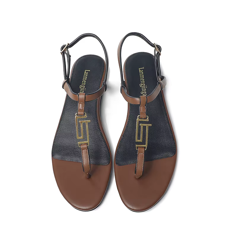 2024 mode femmes sandales d'été en cuir véritable métal décoratif semelle plate dentelle strucOpen P
