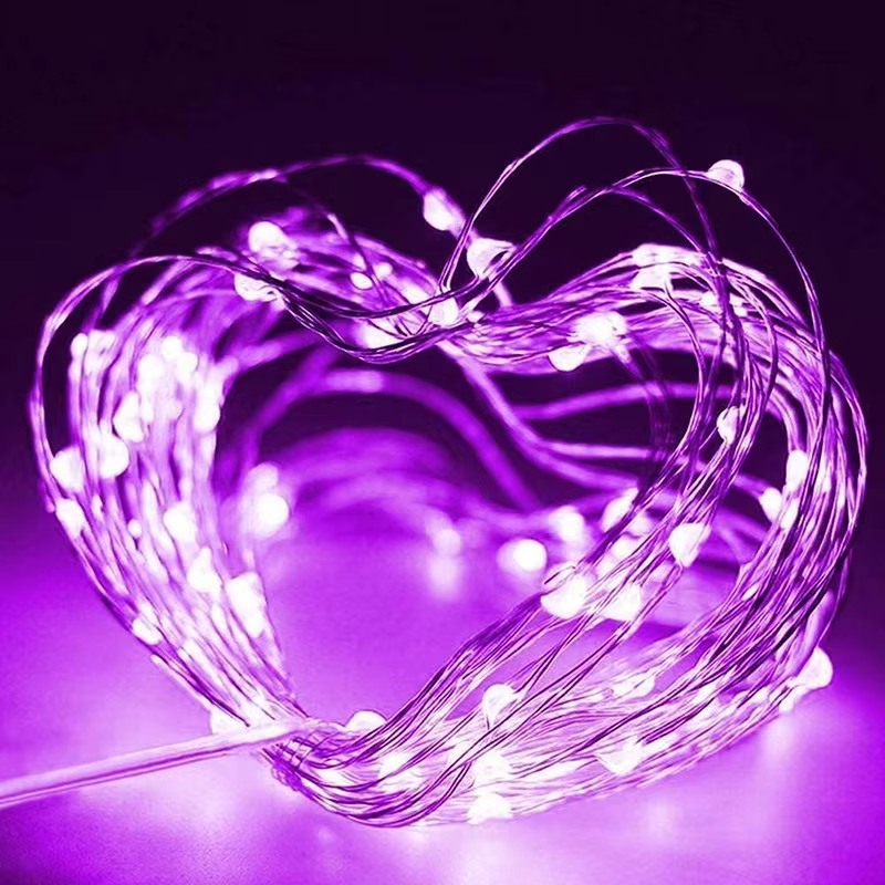 Guirlande lumineuse LED en fil de cuivre, USB, violet, rose, pour noël, mariage, fête d'anniversaire