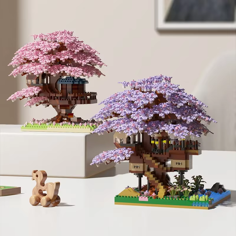 Ensemble de blocs de construction d'arbre de cerisier DIY, briques de cerisier en fleurs avec lumièr