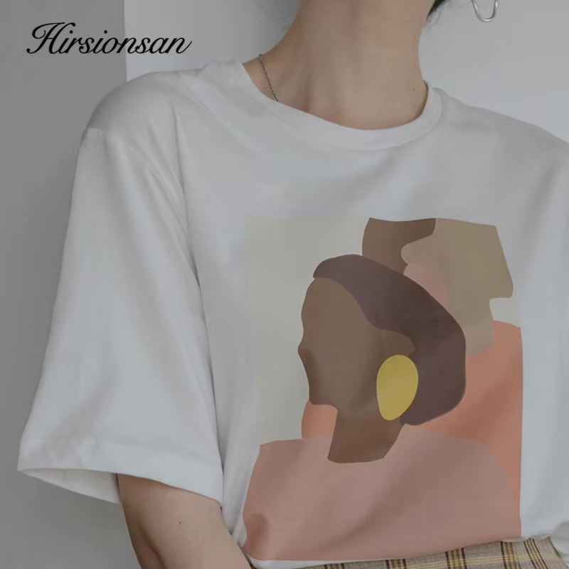 Hirsionsan-T-shirt graphique abstrait pour femme, t-shirts basiques en coton imprimé Rick, manches c