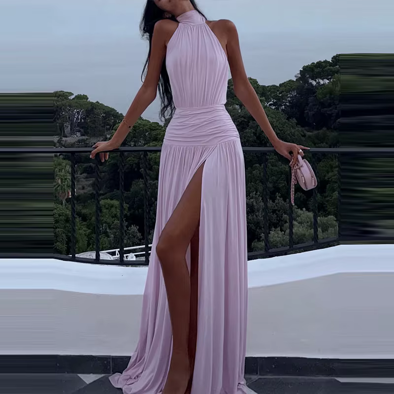 Robe de soirée d'été ajourée, sans manches, taille haute, mode, dos nu, couleur unie, longue, Sexy, 