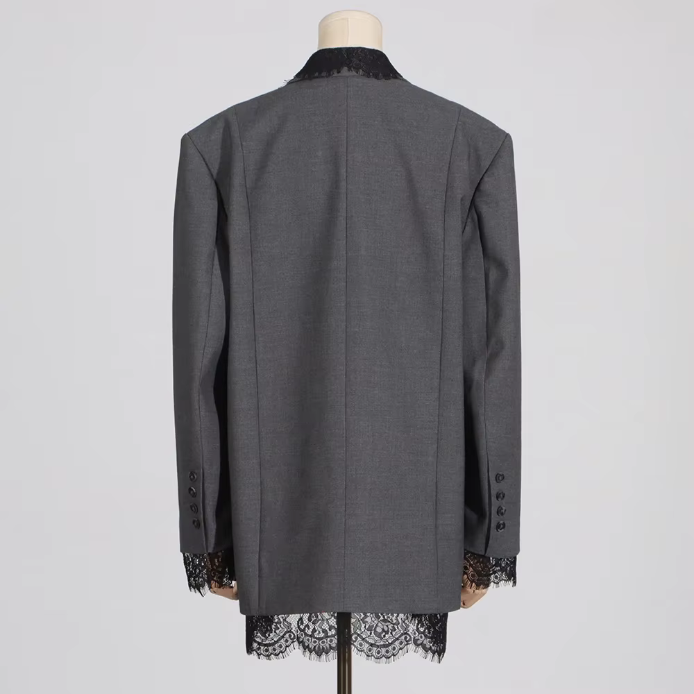 VGH-Blazer Chic en Dentelle Épissée pour Femme, Col Cranté, Manches sulf, Style de Vêtement Féminin