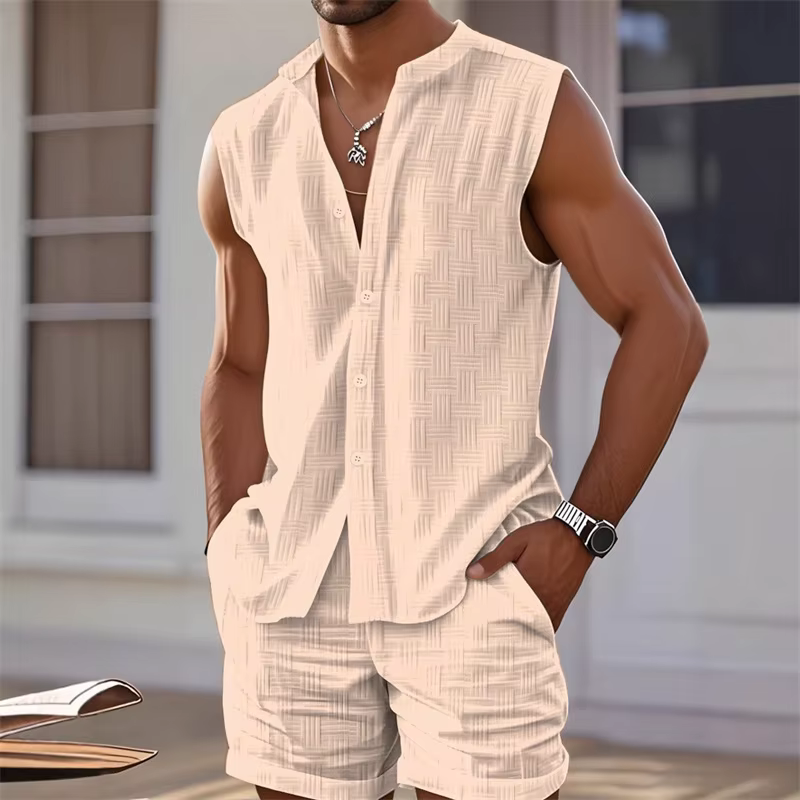 Ensemble deux pièces à carreaux pour hommes, chemise gilet, haut sans manches et short, short sans m