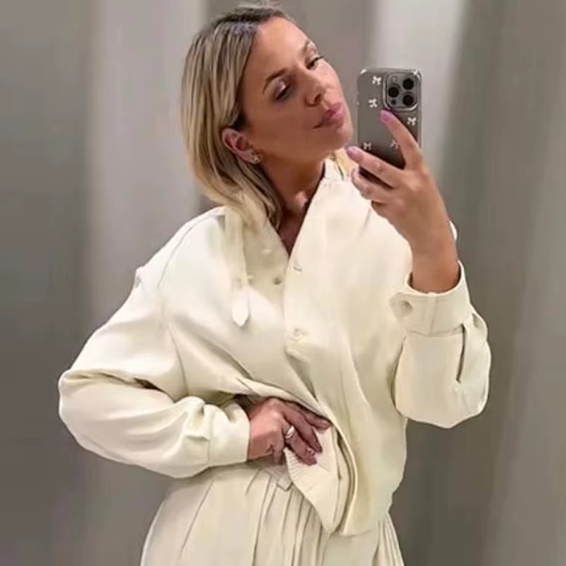 HXAO 2025 femmes Bomber veste automne hiver bouton surdimensionné vêtements d'extérieur Beige à manc