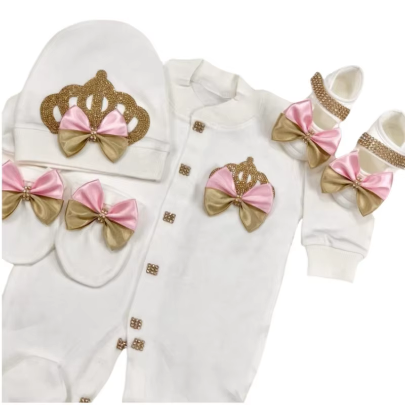 Combinaison à jambes longues pour nouveau-né 0-9 mois, ensemble de 4 pièces, blanc, rose, or, couron