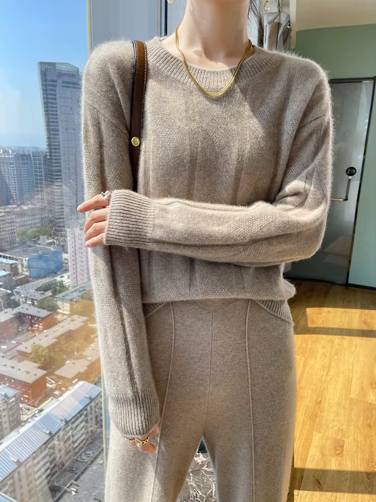 Pull à manches longues et col rond pour femme, 100% laine mérinos, couleur unie, décontracté, confor