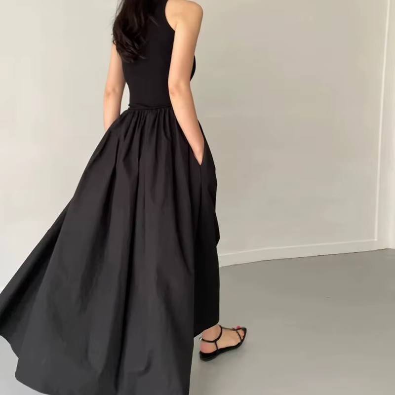 Robe longue noire Simple et élégante pour femmes, col rond, sans manches, taille haute, tempérament,