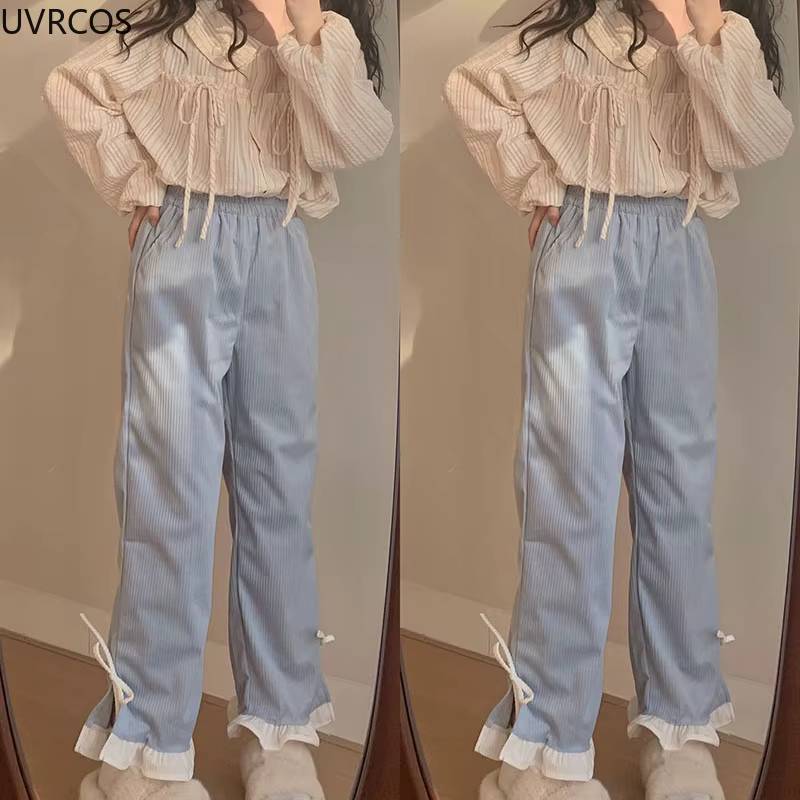 Pantalon en velours côtelé à nœud rose pour femme, style Sweet Lolita, volants Kawaii, bandage latér