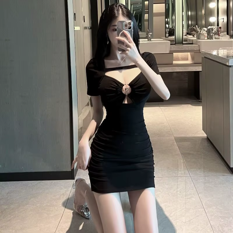 Robe d'été Sexy et douce pour filles, Style coréen, col en v, manches courtes, poitrine ajourée, cou