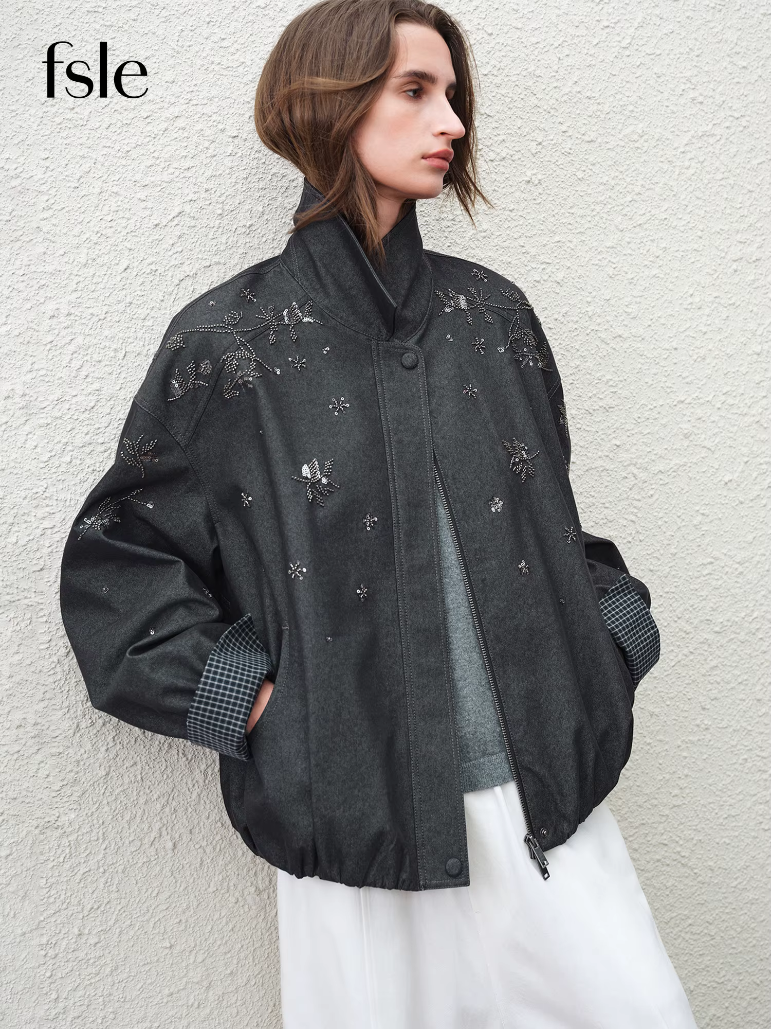 FSLE 【Série Premium】 2026 Manteau pour femme perlé à col en cuir, à manches longues, coupe ample, de