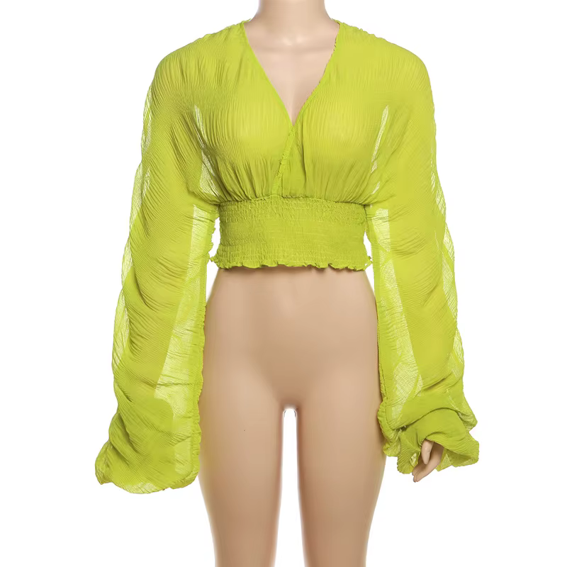 Chemisier en mousseline de soie plissée pour femmes, couleur unie, mode Sexy, col en v, manches long