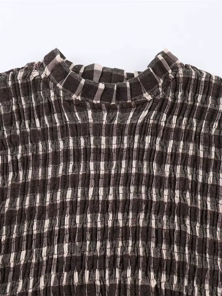 Nlzgmsj 2025 Vintage Chic marron chemises à carreaux femmes à manches longues Blouses pli mode décon