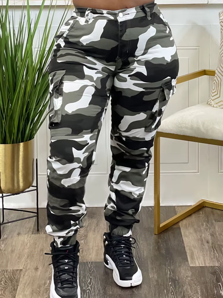 Doyerl-Pantalon cargo Solomon pour femme, pantalon de survêtement imprimé fjCamo, taille haute, déco
