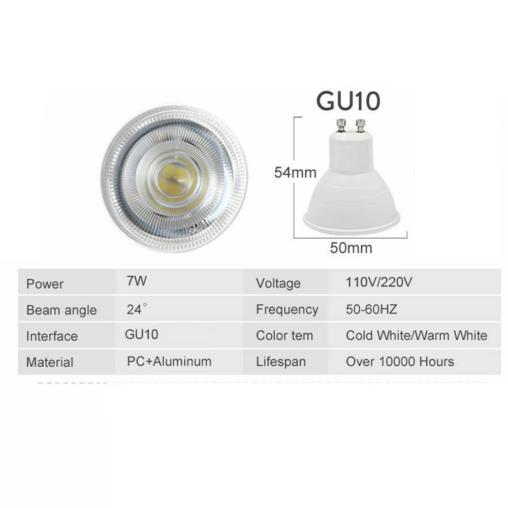 Ampoules de projecteur LED GU10 à intensité variable, Angle de faisceau de 24 degrés COB 7W 110V 220