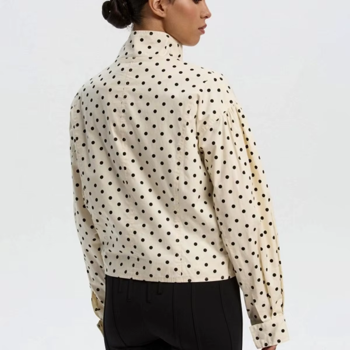 Veste bomber élégante vintage à pois surdimensionnée pour femmes, manches bouffantes, fermeture écla