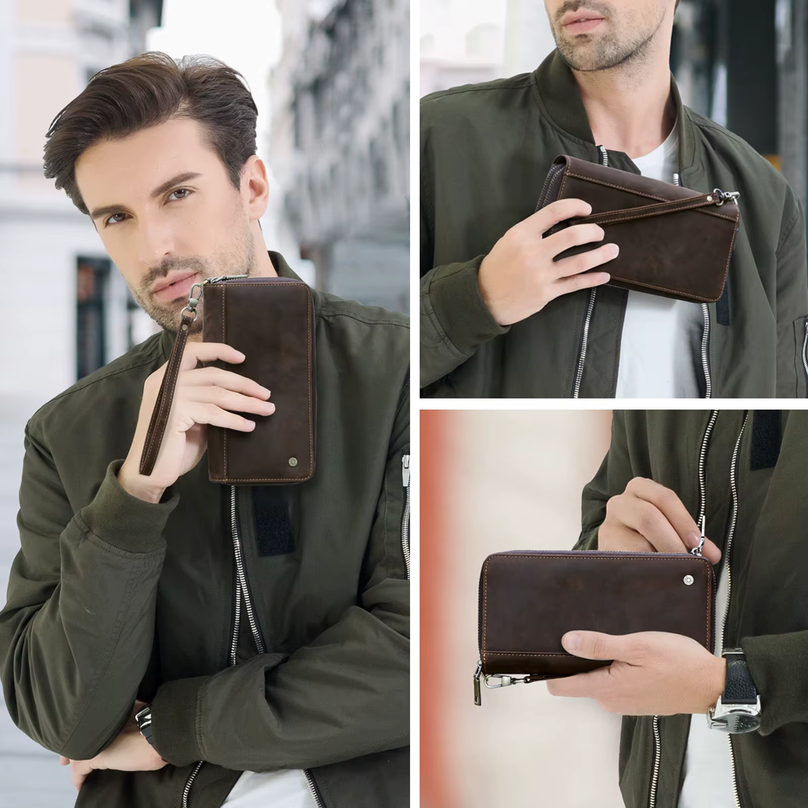 Portefeuille en cuir véritable pour hommes, pochette porte-cartes, portefeuilles longs, double ferme