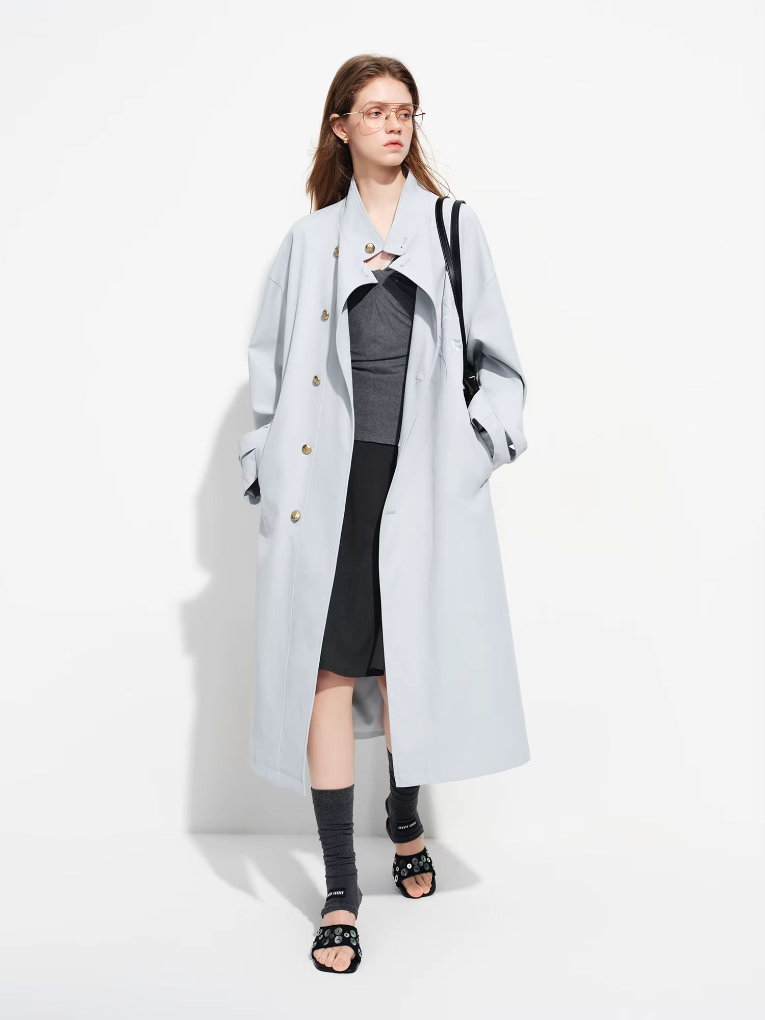 Manteau long kaki FSLE brodé de style chinois à col montant classique pour femme, collection Printem