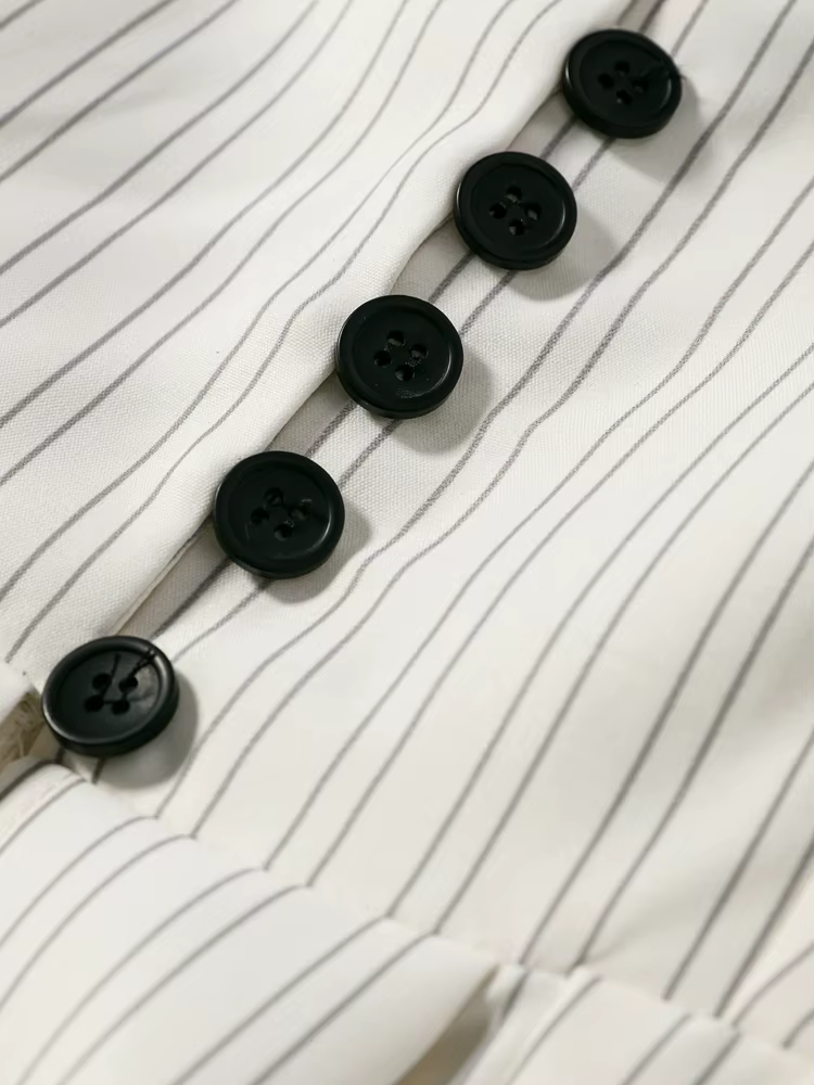 Manteaux élégants à rayures et ourlet plissé pour femmes, col en V, manches bouffantes, taille bouto