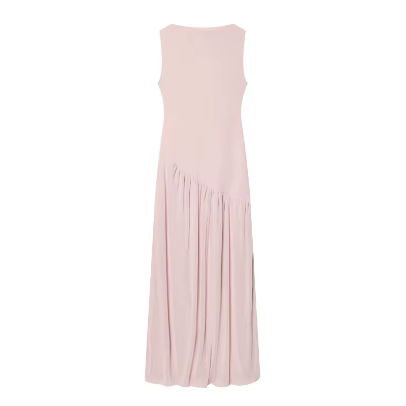 Robe mi-longue plissée marron sans manches à col montant pour femme ETJ, coupe fluide, style minimal