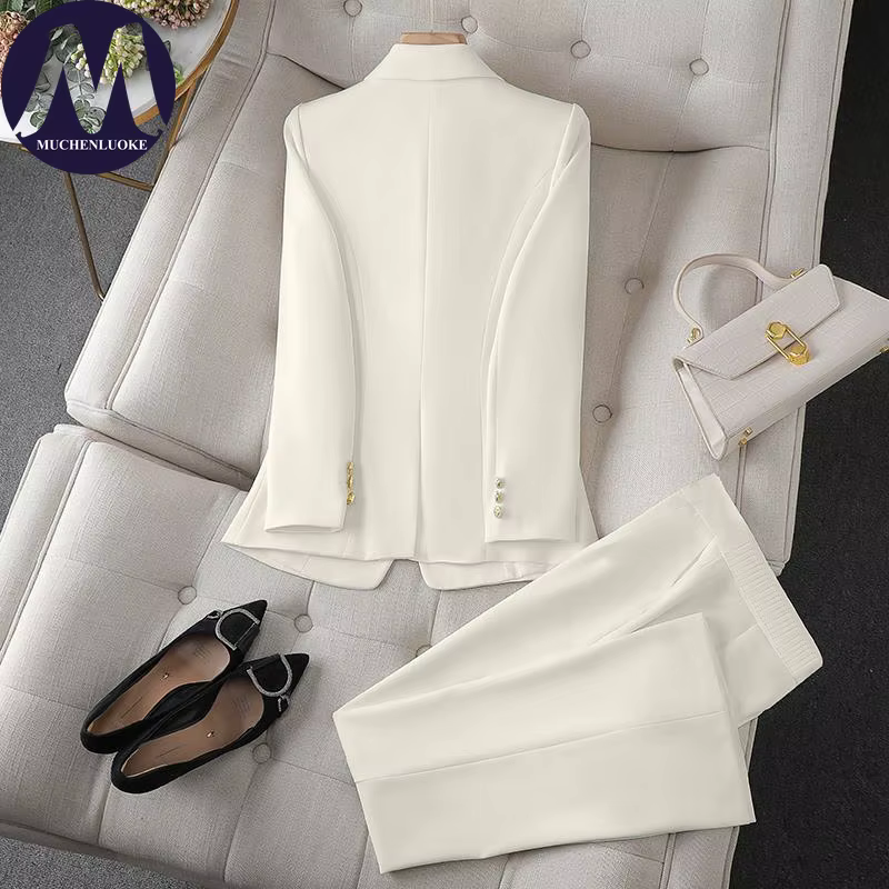 Ensemble deux pièces pour femmes, mode coréenne, blazer à manches longues et pantalon large, tenue d