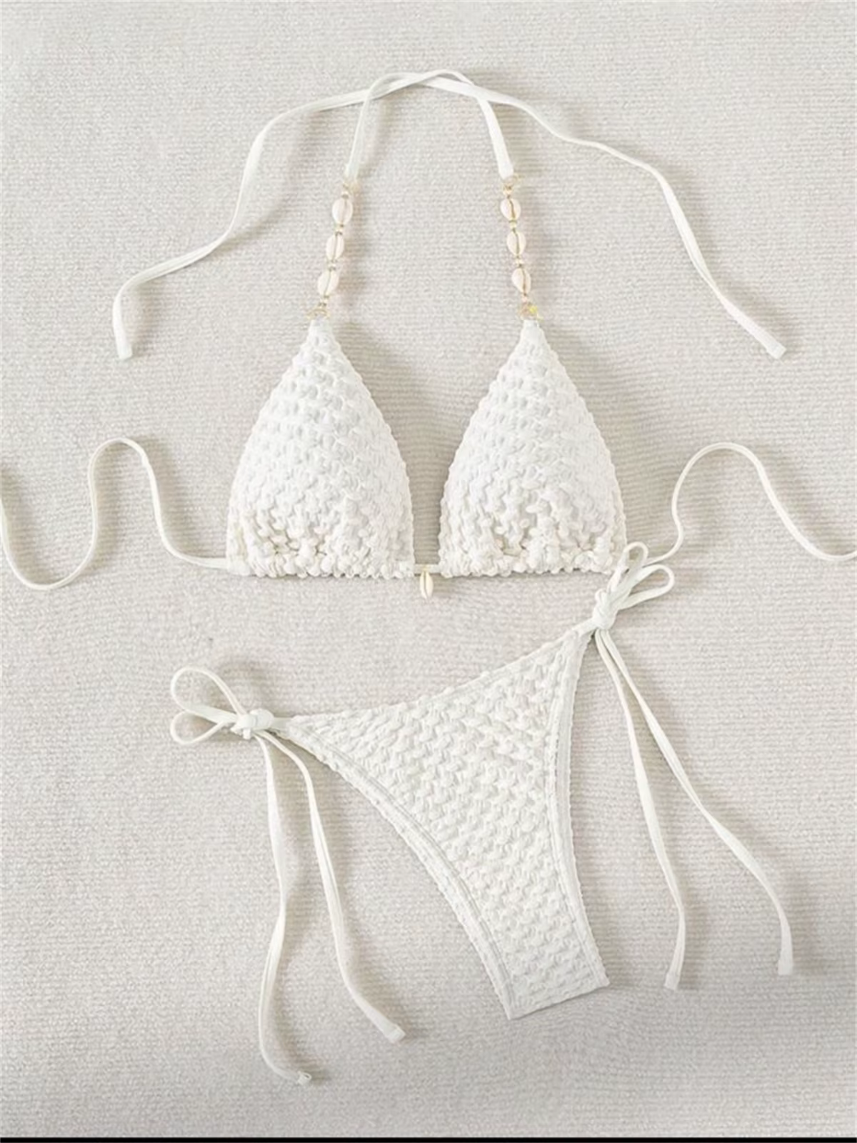 Maillot de bain blanc coquillage pour femmes, bikini string, soutien-gorge push-up de luxe, côté dro