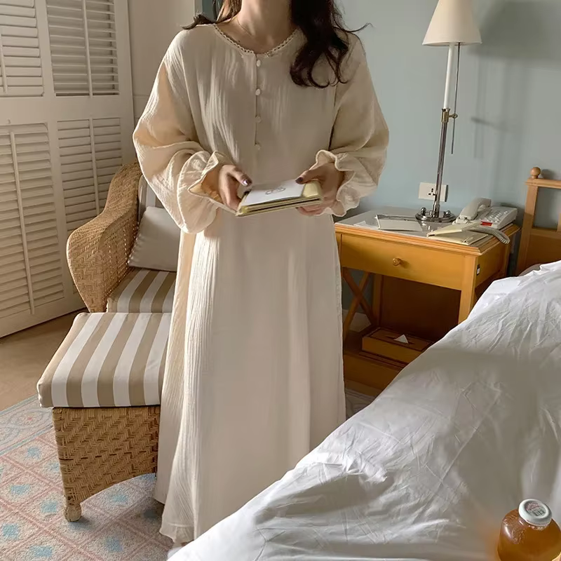 Robe 100% coton pour femmes, imprimé cerise, manches longues, boutonnée, Maxi, coréenne, confortable