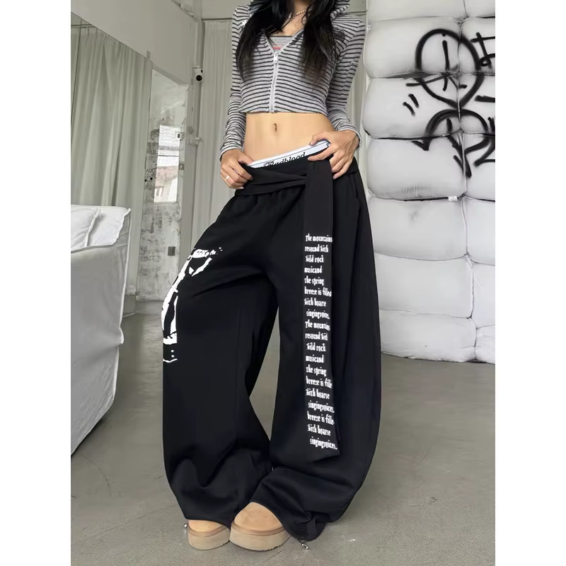 ZHIZOU femmes gris gothique Baggy Y2k lettre impression pantalon Harajuku années 2000 Vintage surdim