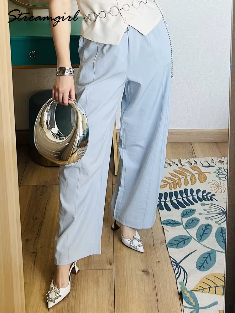 Pantalon d'été en coton pour femmes, coupe large, bleu, avec bande élastique, jambe droite, blanc, a