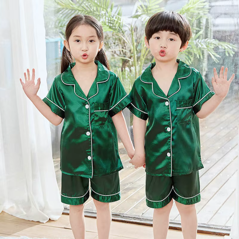 Ensembles de pyjamas en satin pour enfants, vêtements de nuit bleu marine pour tout-petits, vêtement