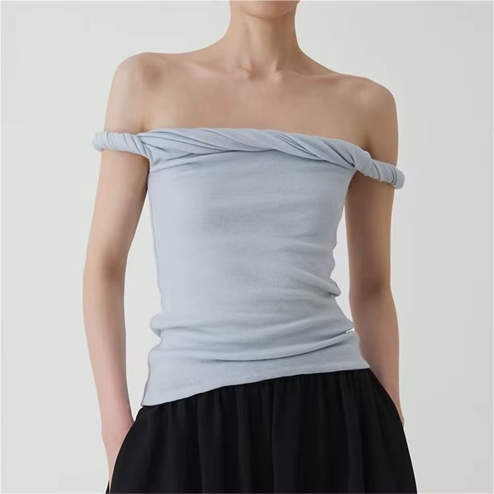 T-shirt à manches courtes et épaules dénudées pour femme, haut froncé, col slash, blanc, rose, kawai
