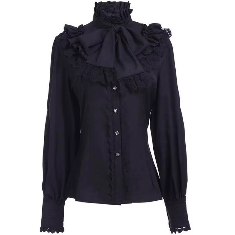 Chemisier Élégant Gothique pour Femme, Nouvelle Collection Printemps 2026, Col Montant à Volants, Bo