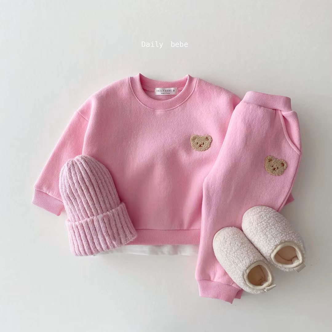 Ensemble de pull en polaire avec broderie d'ours pour fille de 1 à 5 ans, sweat-shirt + pantalon de