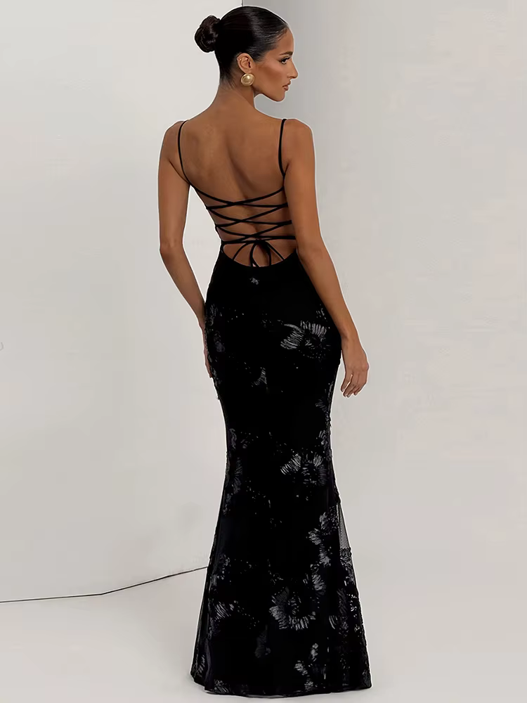 Nibber Élégant Fleur Broderie Maxi Robe Femmes Col Bas Croix Bandage Dos Nu D'été Rue Tendance Skinn