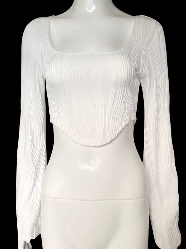 Manches longues femmes texturé culture hauts mode encolure dégagée Hanky ourlet couleur unie court c