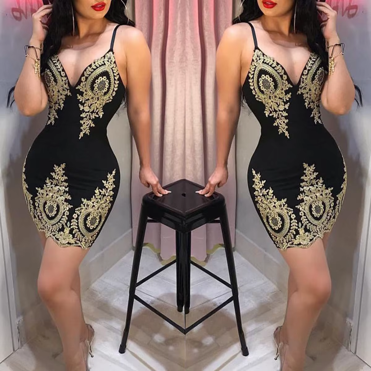 Robe de soirée d'été sexy, mini robe sans manches, coupe cintrée, col bas et dos licou