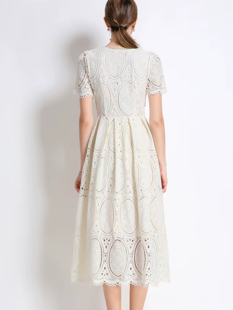 SMTHMA – robe élégante en dentelle, ajourée, perlée, haut de gamme, avec ceinture, col rond, manches