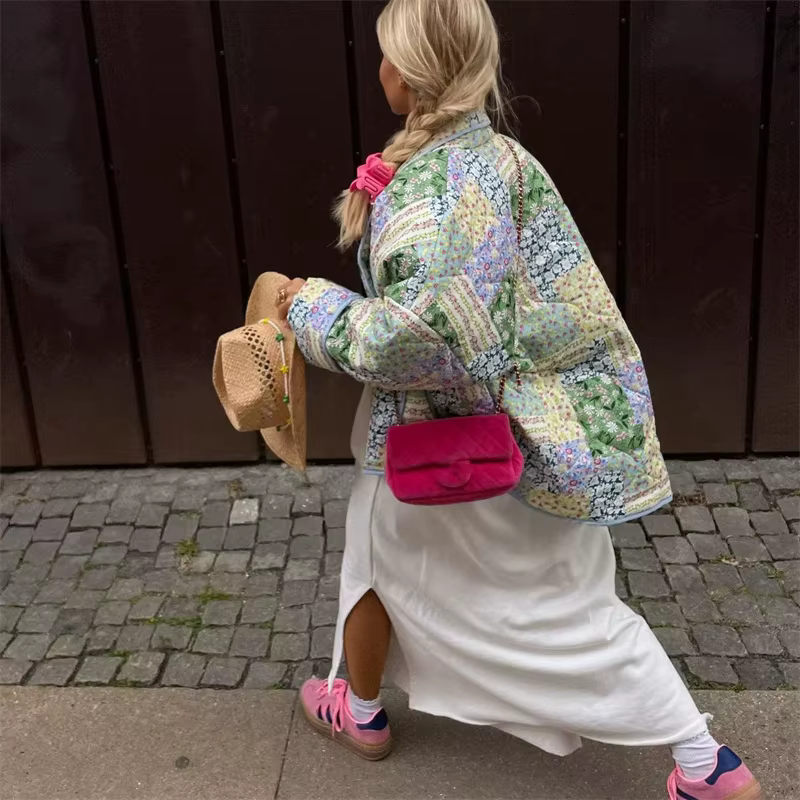 Veste décontractée ample pour femme, imprimé bleu, printemps 2026, style vintage, patchwork, en coto