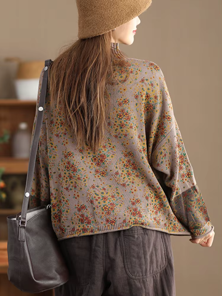 Amax luluE 2024 hiver mode col roulé chandails femmes classique lâche pulls floraux femmes Vintage l