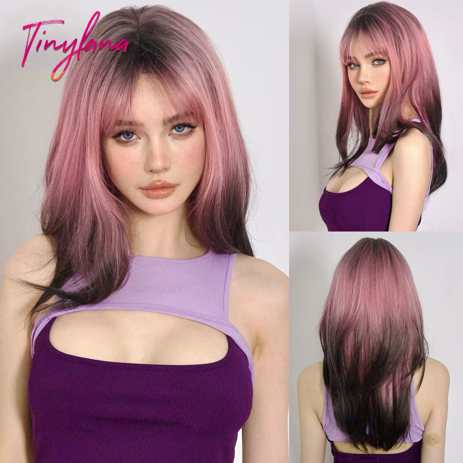 Perruques Synthétiques sulfDroites avec Frange pour Femme, Noir Rose Ombre, Perruques Afro Colorées