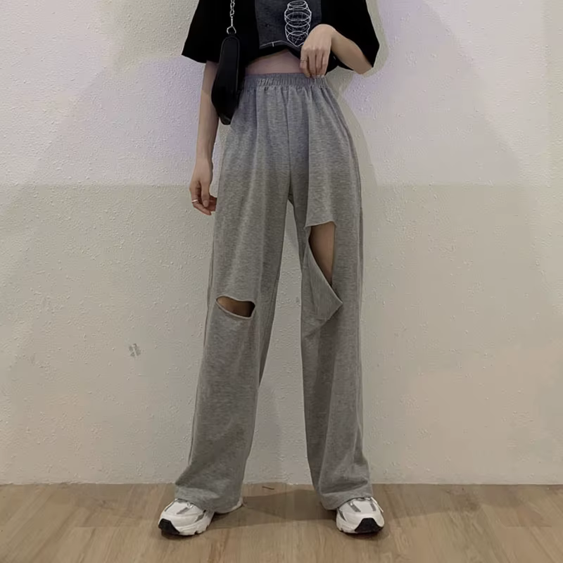 Pantalon Harajuku à jambes larges ajouré pour femmes, jogging, troué, Streetwear Chic, pantalon droi
