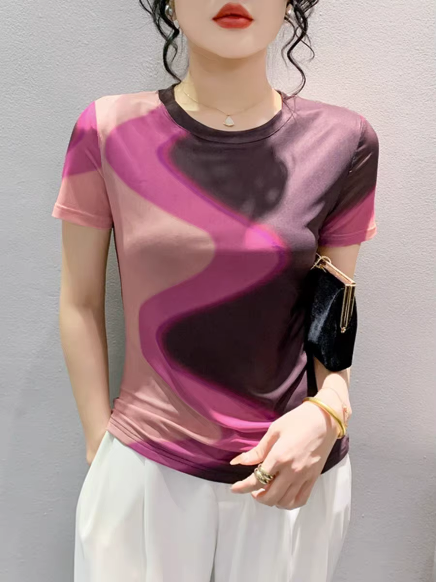 T-shirt à manches courtes et col rond pour femme, haut moulant, élégant, en maille imprimée, été, BH