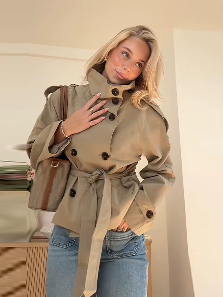 Trench court à taille ceinturée pour femme, manteaux à col montant et Double boutonnage, Chic, décon