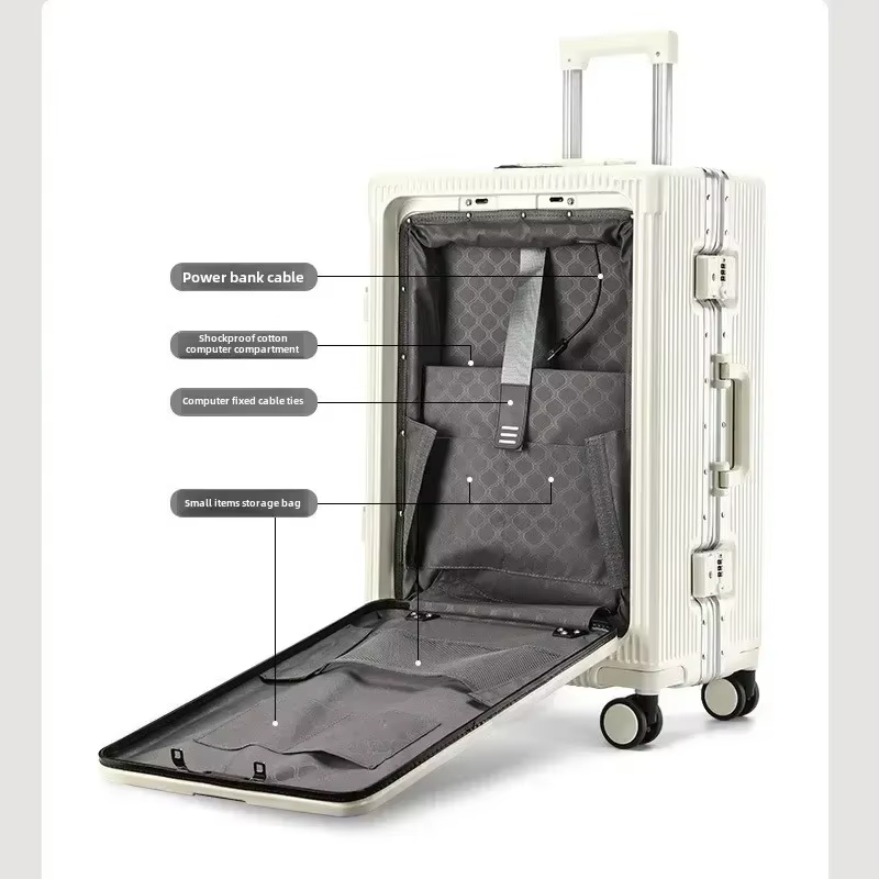 Valise à bagages roulante de grande capacité, ouverture frontale, cadre en aluminium ABS + boîtier d