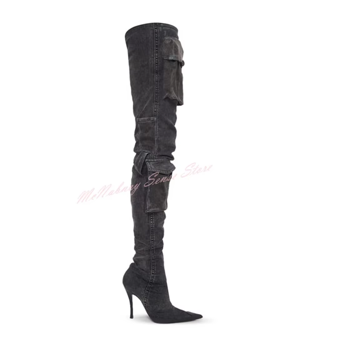Bottes à lanières de poche en denim pour femmes, chaussures pointues Parker, talons aiguilles, cuiss