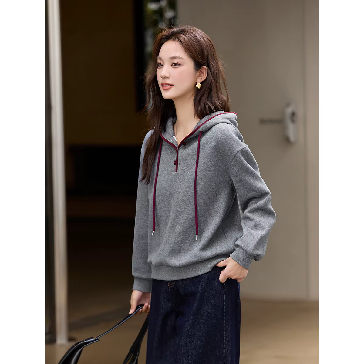 Sweat-shirts gris pour femmes VIMLY, en mélange de coton simple, doublés de polaire, contrastants, 2