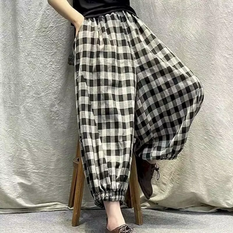 Pantalon à carreaux en lin de coton pour femmes, taille élastique, vêtements vintage décontractés, s
