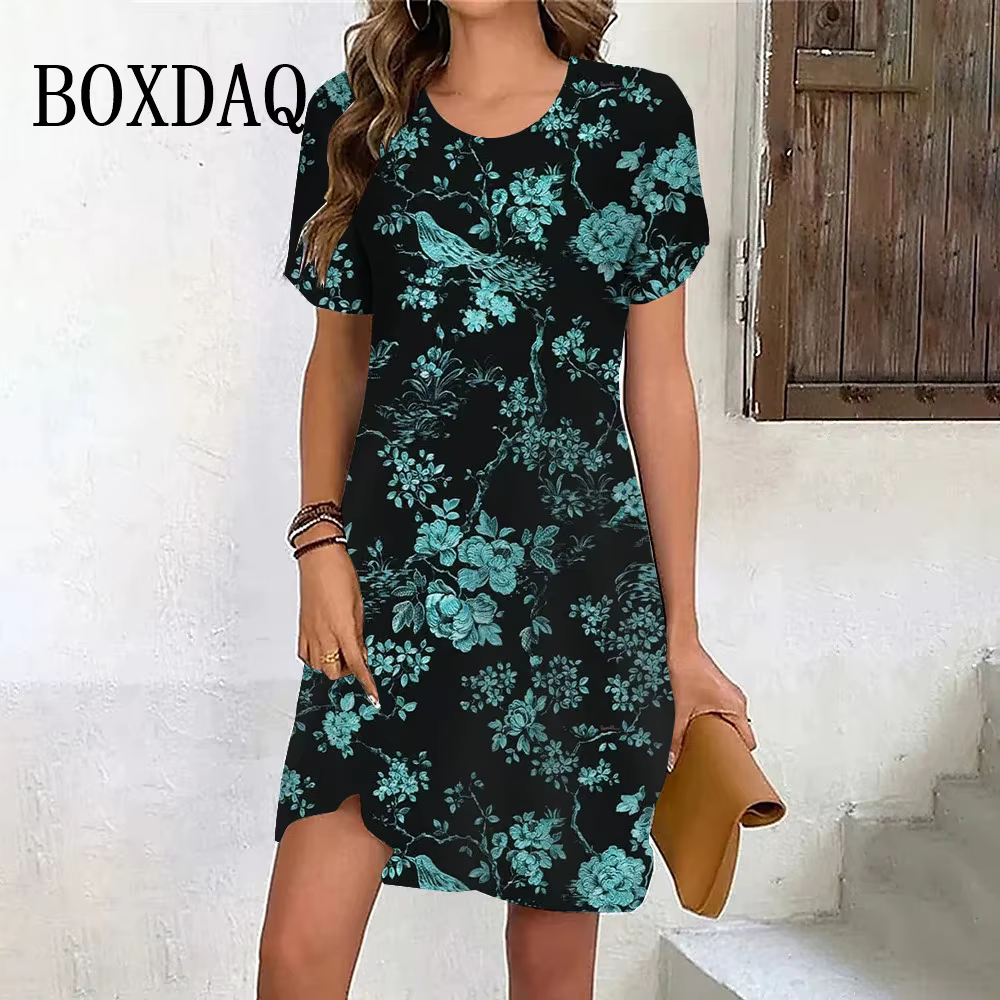 Robe d'été rétro à manches courtes pour femmes, vêtements décontractés, mini robe d'été, peinture d'