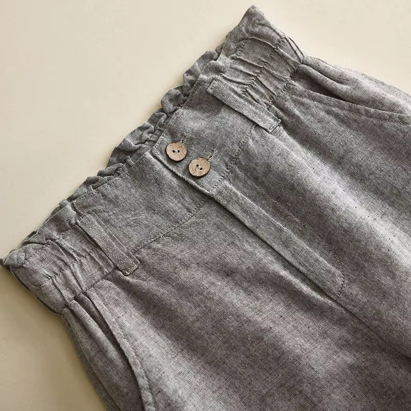 Pantalon en lin monochrome pour femme, décontracté, basique, élastique, taille haute, jambe large, l